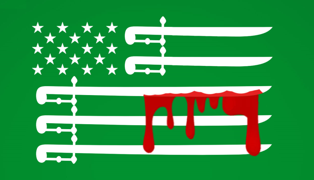 Ilustrasi bendera hijau dengan pedang dan tetesan merah.