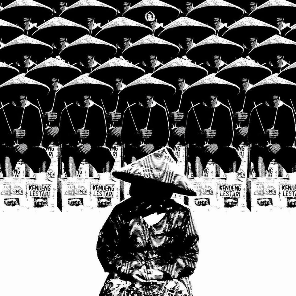 Ilustrasi hitam putih orang-orang berpayung dan sosok berpakaian militer.